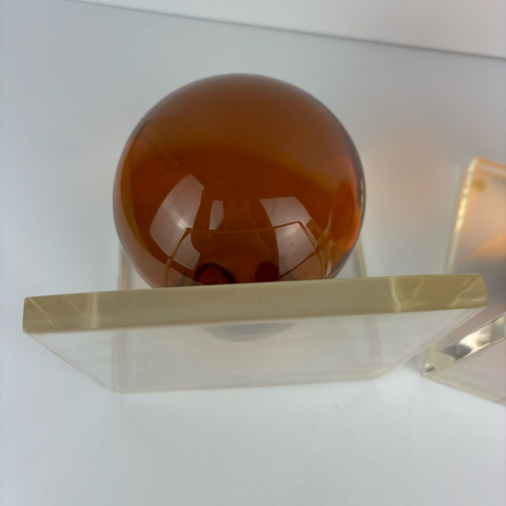 Vintage Modern Thomas O’Brian-Amber Lucite Sphere Bookends - Pair - Picture 6 of 15